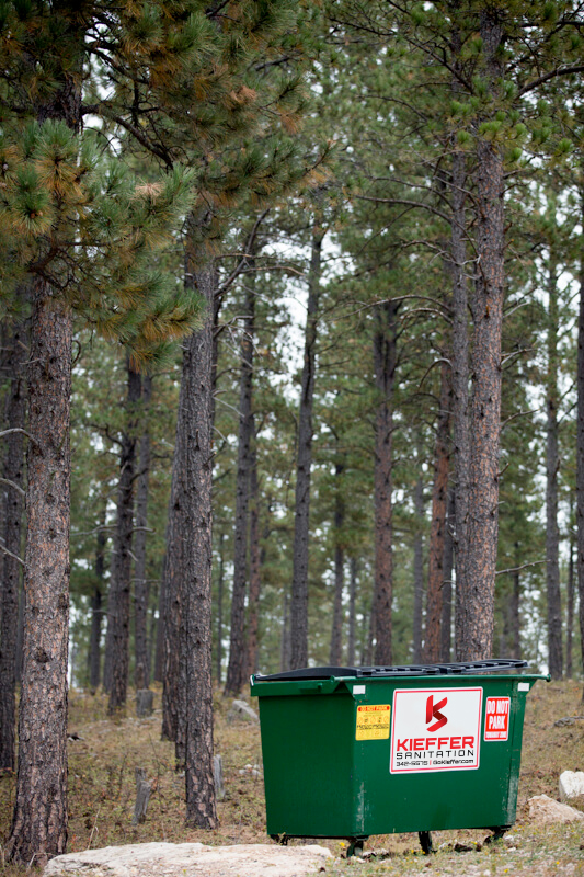 Photo of Kieffer Sanitation dumpster in Black Hills forest.